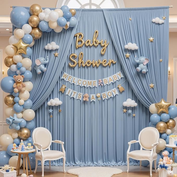 30x16ft Dusty Blue Backdrop Curtains for Wedding Party, 6 Panels 16 ft Long Back Drop Cloth, Wrinkle-Free Polyester Drapes for Birthday, Baby Shower, Stage Photography Background