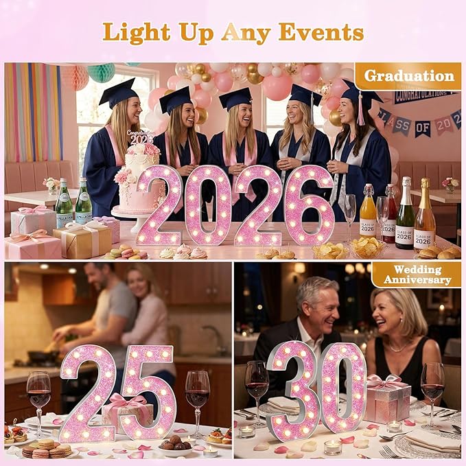 12.6 Inch LED Pink Marquee Light Up Numbers, Sweet 7th Birthday Decorations Number Lights as Gifts for Girls Women, Glitter Lighted Marquee Numbers for Pink Anniversary Party Table Decor, 7