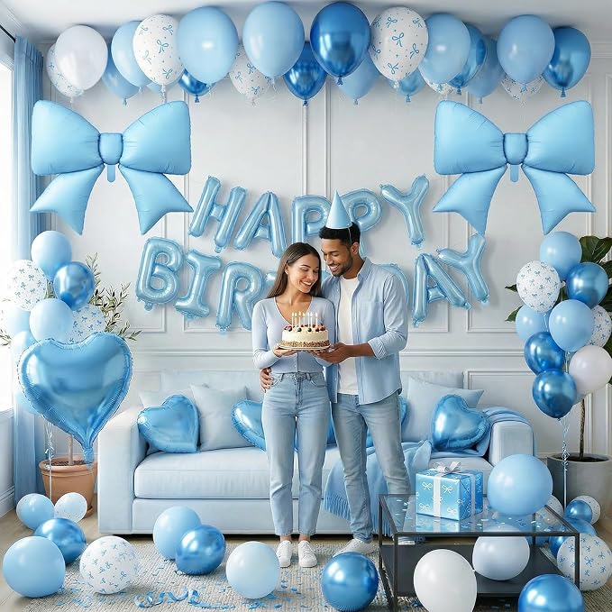 Blue Bow Birthday Decorations Pastel Baby Light Blue Metallic White Bows Print Party Balloon Happy Birthday Banner 38 In Coquette Foil Balloons Heart Balloon for Men Boys Bday Party Supplies