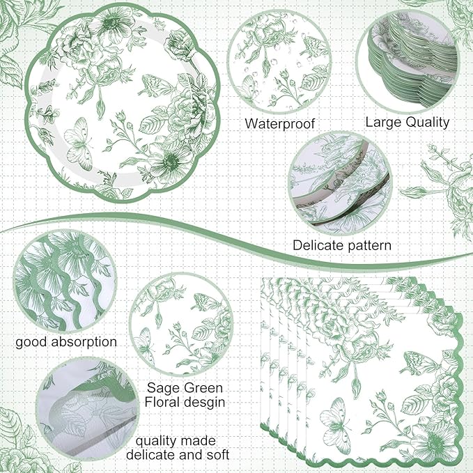 Funnymoom 200 Pcs Sage Green Floral Party Tableware Vintage Green White Floral Disposable Paper Dinner Dessert Plates Napkins for Birthday Wedding Garden Tea Party Bridal 50 Guests