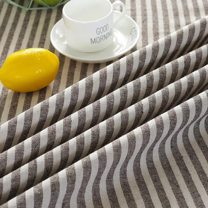 meioro Round Tablecloth Stripe Tassel Table Cloth Cotton Linen Dust-Proof Table Cover for Dining Circle Coffee Side End Card Table(Coffee Brown Stripes, 60 Inch)