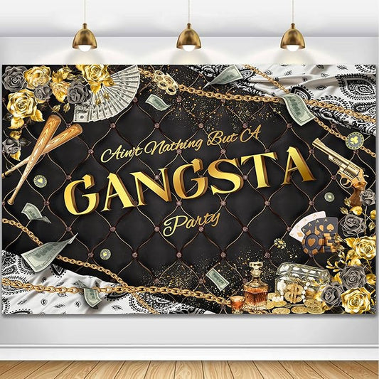 Gangsta Party Backdrop Black Gold Hiphop Theme Gangster Photography Background Aint Nothing But A Gangsta Hip Hop Gangsta Themed Party Decoration Banner Photo Booth Studio Props 7x5ft FU02YL