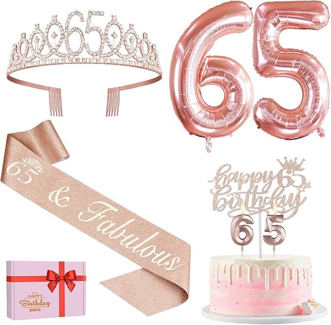 65th Birthday Decorations for Women, Including 65th Birthday Sash and Tiara, Cake Topper and Candles, Number Balloons, 65 Year Old Gifts Women