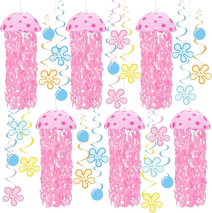 Whaline 30 Pcs 10 Inch Cartoon Sponge Themed Birthday Party Decoration Jellyfish Hanging Paper Lanterns with Tassel Hanging Swirls Ornament for Summer Mermaid Ocean Under The Sea Party Home Classroom