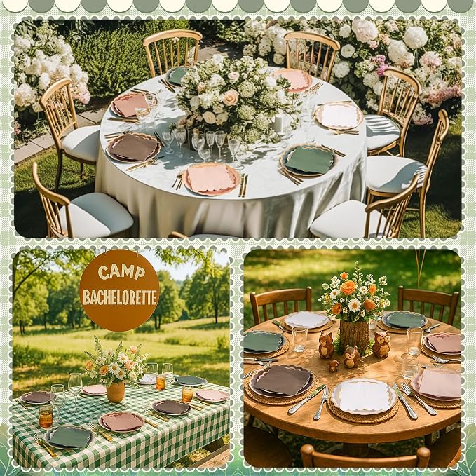 Zhehao 150 Pcs Woodland Plates and Napkins Tableware Serves 50 Includes 9 Inch 7 Inch Green and Brown Scalloped Design Paper Plate and Napkins for Wedding Birthday Baby Shower Party
