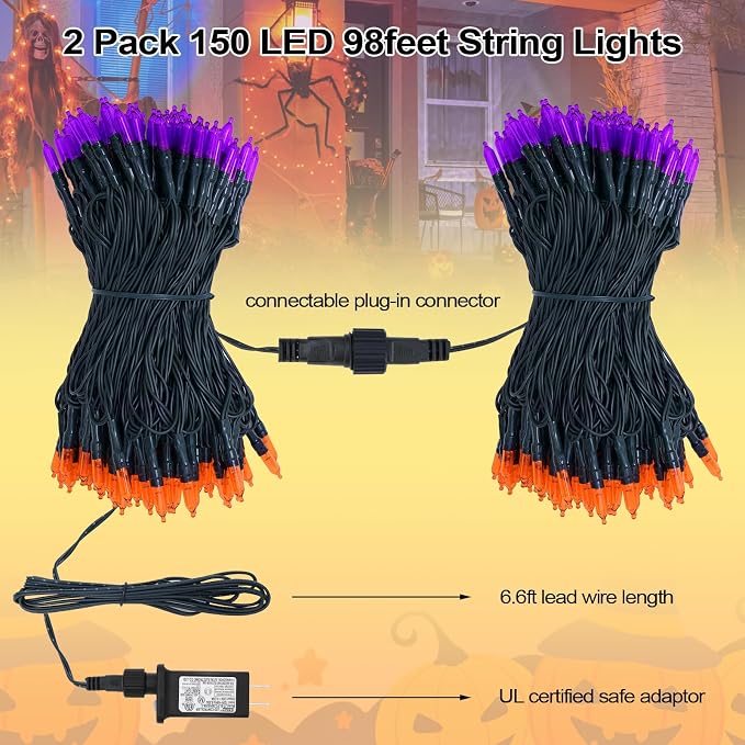 Halloween Lights - 98ft 2 Pack 150 Count Connectable Waterproof LED Fairy Lights Bulbs for Indoor Outdoor Halloween Tree Wedding Autumn Party Decor (Orange & Purple, 150 Count - 2 Pack)