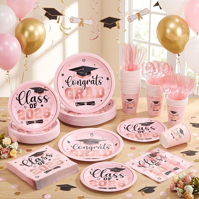 Funnymoom 400 Pcs Graduation Party Supplies Class of 2026 Graduation Paper Plate Napkin Cup Cutlery Congrats Grad Disposable Tableware Set for Grad Party Decorations, Serve 50 (Pink,Black)