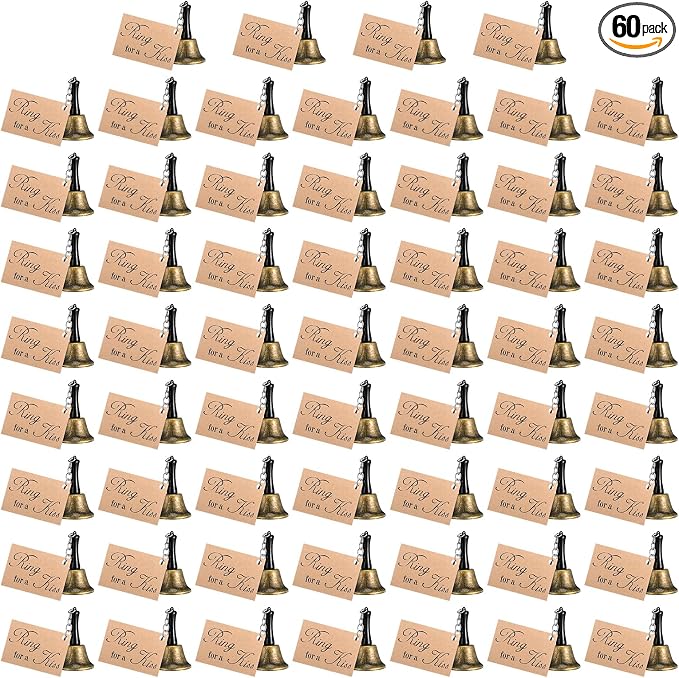 Lounsweer 60 Set 60 Set Wedding Bells Bulk Ring for a Kiss with Tags Kissing Bells for Wedding Reception Decorations Goodies Bags Party Supplies
