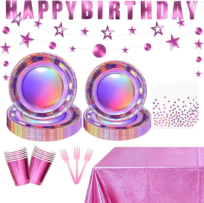 Pink Iridescent Party Supplies Holographic Birthday Decorations with Pink Paper Plates Napkins Cups Forks Tablecloth Birthday Banner & Star Garlands Kpop Disco Y2K Party Serve 24 (Iridescent Pink)