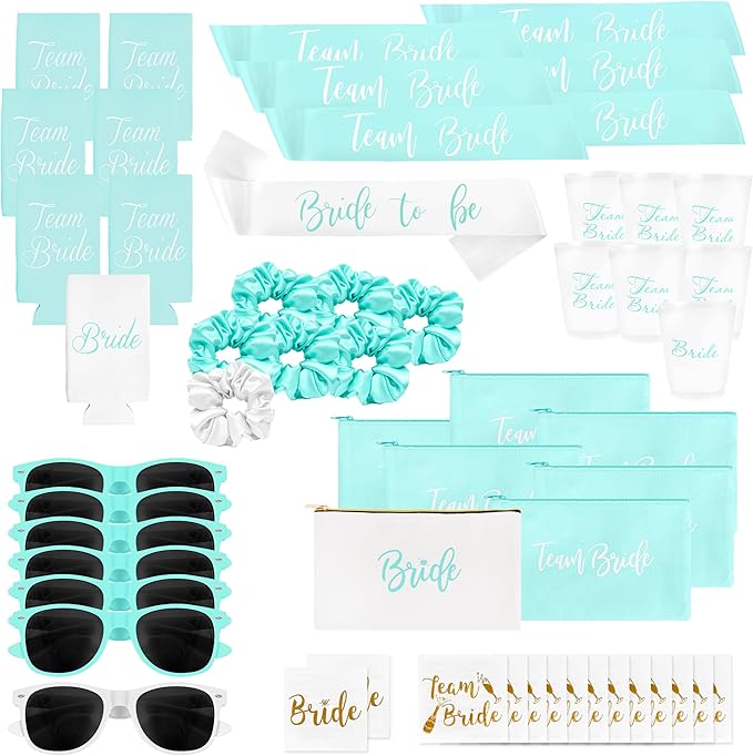 56 Piece Bachelorette Party Favors Kit – Bridesmaid Proposal Gifts & Bride-to-Be Accessories | Team Bride Decorations, Sashes, Sunglasses, Cups & More (Turquoise 7 Pack, 56)
