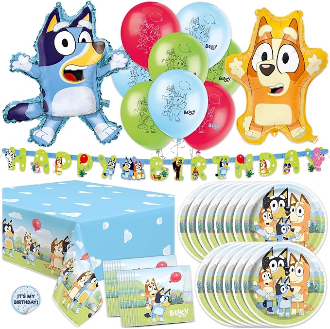 Bluey Birthday Decorations and Party Supplies | Serves 16 Guests | Bluey Party Decorations | Banner, Tablecloth, Foil and Latex Balloons, Plates and Napkins, Sticker | Officially Licensed