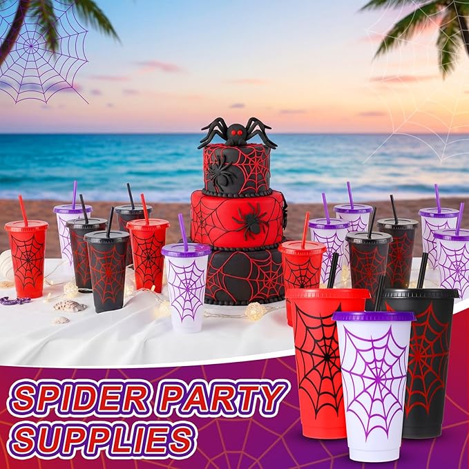 Newtay 24 Pieces Spider Cups with Straws and Lid - 24 Oz Reusable Plastic Spider Web Tumbler Red Black Blue Cups Bulk for Cartoon Birthday Baby Shower Party Favors Decoration Supplies