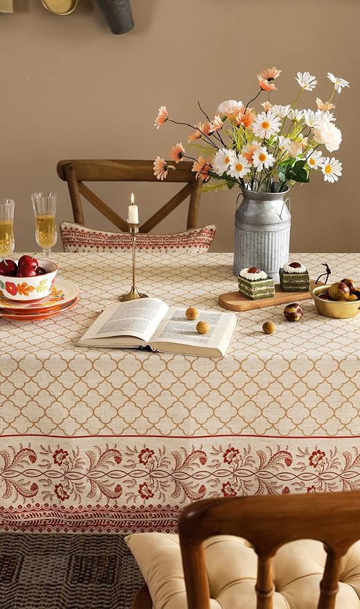 ISAENNE Designer Linen Tablecloth Rectangular,102"x63"-Chamonix A | Vintage Elegant Plaid Print Beautiful Table Cloth Rectangle Table,Chinoiserie,Dining Room,Tea Party,Kitchen,Thanksgiving