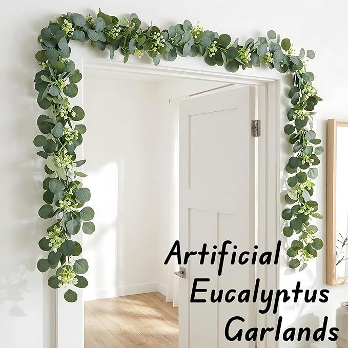 Artificial Eucalyptus Garland 4 Pack, Faux Eucalyptus Greenery Garland 6 ft, Realistic Eucalyptus Vine with Flowers for Wedding Table Centerpiece Mantel Fireplace Indoor Outdoor Decor