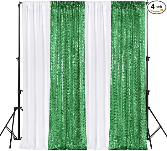 VitalCozy 4 Panels Backdrop Curtains 2 Pcs 4 x 10 ft Sequin Glitter 2 Pcs 7 x 10 ft Chiffon Photo Background Curtains for Graduation Wedding Birthday Party Decorations(White, Green)