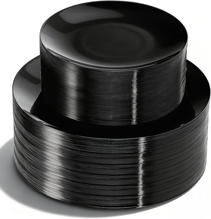 Lullaby 100PCS Black and Gold Plastic Plates, Disposable Black Plastic Plate with Gold Rim, 50PCS Dessert Plates 7" and 50PCS Dinner Plates 10", Perfect for Party Wedding and Daily Use