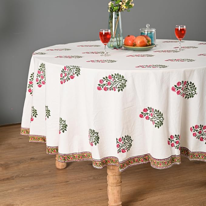 Hand Block Printed Tablecloth – Colorful Floral Print | 100% Cotton | Indian Artisan Handmade Art | Dining Room, Kitchen, Outdoor Décor, (Soft Petal Glow, 8 Seater 90 Inches Round)