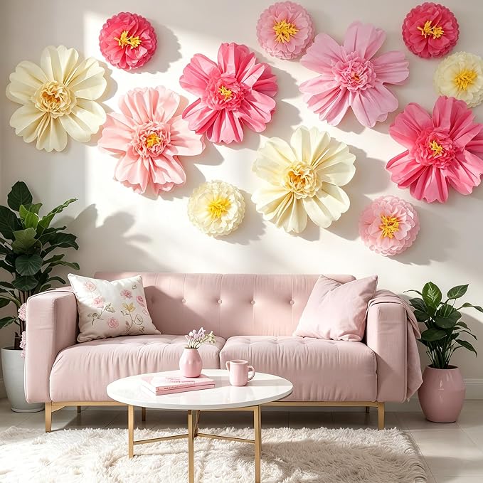 Crowye 12 Pcs Large Colorful Tissue Paper Flowers Decorations Giant Fiesta Craft Crepe Paper Flowers for Wall Decor Backdrop Mexican Wedding Birthday Carnival Party (10'' 20'',Pink Color)