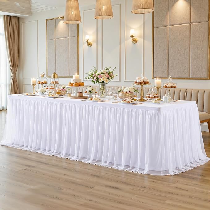 2-in-1 White Tablecloths with Tulle Table Skirt for 8 Foot Rectangle Tables, Party Ruffle Tutu Table Skirt Stretch Fitted Covers for Wedding Reception Birthday Baby Shower Celebration Banquet Event