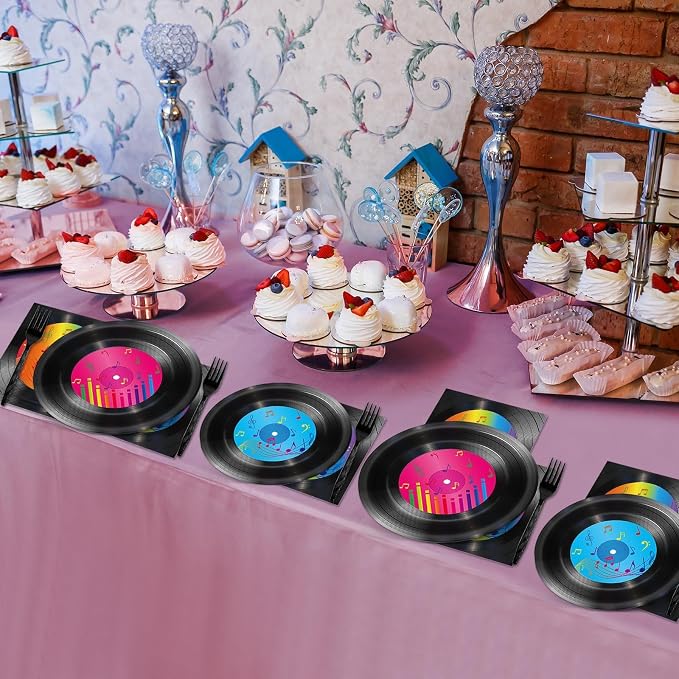 200 PCS Vinyl Record Tableware Disposable for 1950's Rock Music Party Supplies Back to 50s Rock Dinnerware Set Dessert Paper Plates Napkins Forks 50's Theme Party Retro Decorations Serve 50 guest