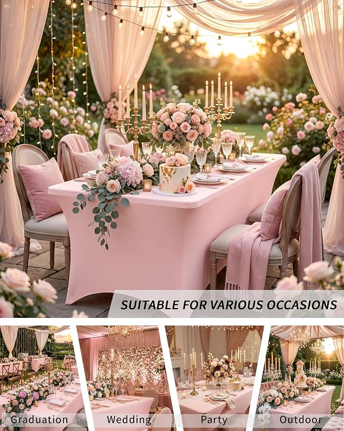 Fixwal Light Pink Stretch Table Cloth Rectangle 2 Pack 4Ft, Spandex Fitted Table Covers Washable for Party, Trade Show, Banquet, Wedding, Buffet