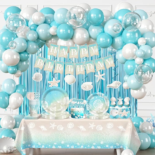 cocomigo 299pcs Beach Birthday Party Decorations Serves 25 Guests, Worry-free One-stop Set, with Balloons Arch, Banner Thick Plates and Cupcake Toppers, Easy Setup for Ocean-Themed Party