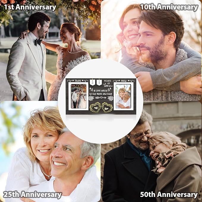 Then & Now Anniversary Picture Frame - 1-99 Years Anniversary Wedding Gift for Couple, Engagement Bridal Shower, Gifts for Couples Wood Photo Frame Holds Two 4x6 Inches Photos-Black