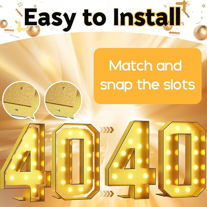 4FT Gold Large Light Up Numbers 40 Marquee Frame Mosaic Numbers for 40th Birthday, Giant Light Up Number DIY Frame Pre-Cut Foam Board Kit for Graduation Anniversary Decor