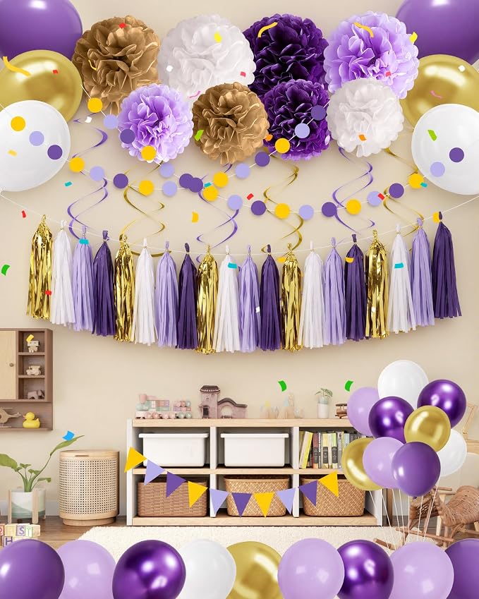 Purple and Gold Party Decoration Set –56 Pcs Include Paper Pom Poms,Tassels,Bunting,Garland,Hanging Swirls,Latex Balloons – Complete Party Decor for Birthday, Graduation,Baby Shower, and Celebrations