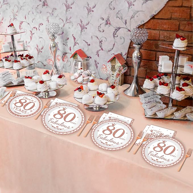 gisgfim 50 Guests 80th Birthday Plates and Napkins 80th Decorations for Women, Fabulous Happy Birthday Party Rose Gold Tableware Set Cheers To 80 Years Party Supplies Table Decors for Girl 200PCS