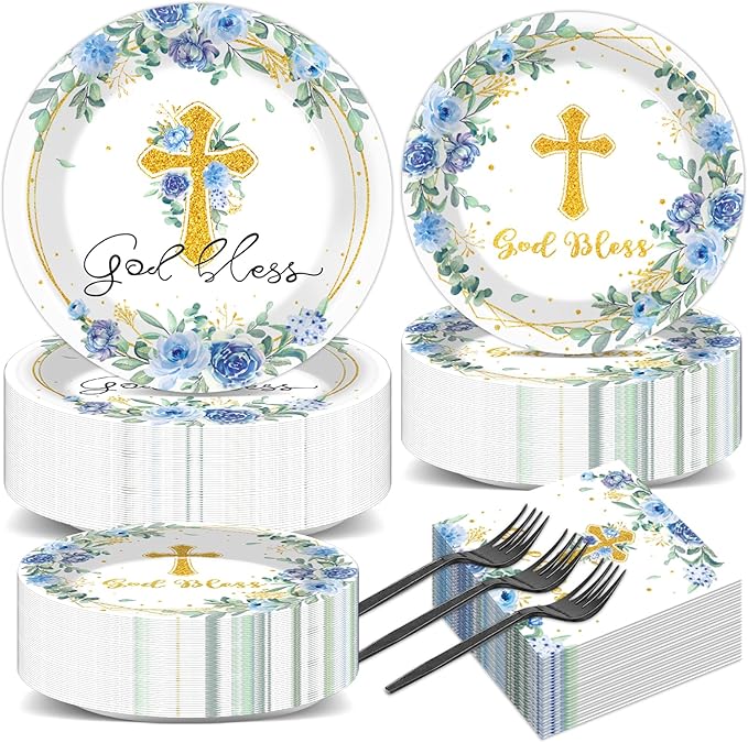 200pcs God Bless Plates Napkins Baptism Paper Tableware Set First Holy Communion Cake Dessert Disposable Dinnerware Blue Floral Party Decoration for Christening Birthday Decor Supplies Serves 50