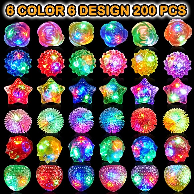 200 PCS Glow Rings Bulk Party Supplies(6 color), Light Up Rings for Kids & Adults, Glow in The Dark Party Favors, Halloween, Rave, LED Jelly Ring for Goodie Bags Stuffers, Glow Jewelry for Boys Girls
