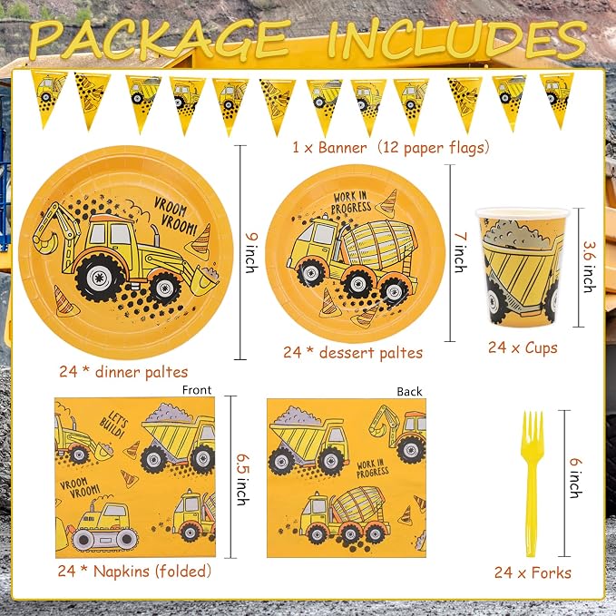 132 Pcs Construction Birthday Party Supplies, Construction Disposable Tableware Set Dump Truck Party Table Decorations for Birthday Party, 9'' and 7'' Plates, Napkins, Cups, Forks, Banner, Serves 24