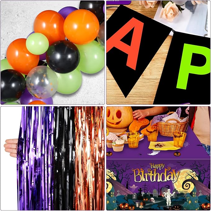 Halloween Birthday Party Decorations, 102 Pcs Halloween Happy Birthday Banner, Confetti Pumpkin Cat Bat Balloon Arch Foil Fringe Curtain and Tablecloth for Kids Party Supplies
