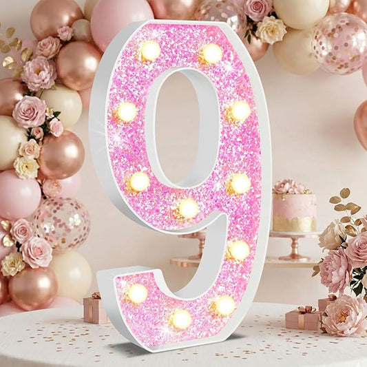 12.6 Inch LED Pink Marquee Light Up Numbers, Sweet 9th Birthday Decorations Number Lights as Gifts for Girls Women, Glitter Lighted Marquee Numbers for Pink Anniversary Party Table Decor, 9