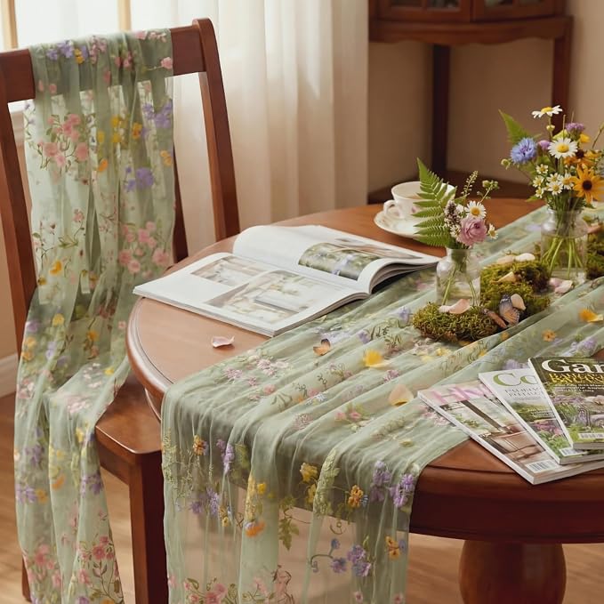 Sage Green Floral Table Runner 10ft Embroidery Tulle Spring Wildflower Table Runner Seasonal Summer Butterfly Kitchen Dining Gauze Decoration for Wedding Baby Shower Birthday Party (1 Pcs)