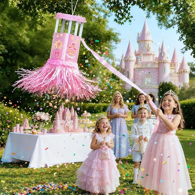 WERNNSAI Princess Spinning Piñata - Spinning Piñata with Pull String, DIY Stickers, Girl Piñata for Princess Birthday Party Decorations Summer Party Carnivals Games Supplies (13" x 7.9" x 7.9")