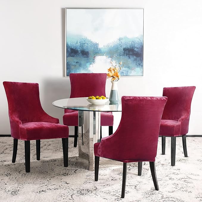 Lellen Velvet Stretch Wingback Chair Cover Slipcover - Reusable Protector Cover for Dining Room Banquet Home Decor etc Machine Washable Hand Washable (Wine, 2PC)