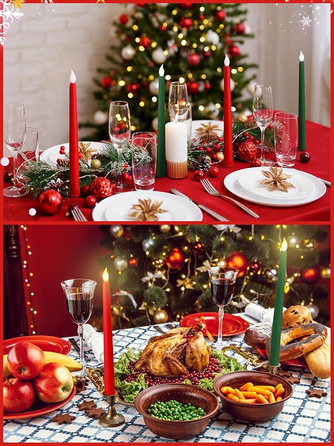 Funtery 48 Pcs Flameless LED Taper Candles Battery Operated Candles Bulk Realistic LED Candlesticks Flickering for Wedding Church Party Home Decor(Red, Green,11 Inch,Classic Style)