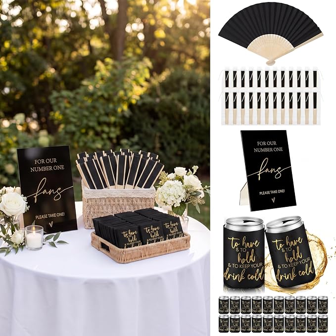 Hoteam 25 Sets Wedding Party Favors for Guests Bulk Including Can Cooler and Paper Folding Fans with Wedding Decor Table Sign Cheers to Love for Bridal Shower Party Souvenir(Classical,Black)
