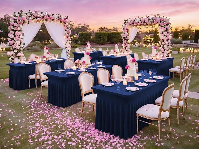fani 6 Packs Navy Blue Stretch Table Skirts for 6 Foot Rectangle Table, Washable Spandex Stretch Tablecloths with Skirt, Wrinkle Resistant Fitted Tablecover for Wedding Party Banquet