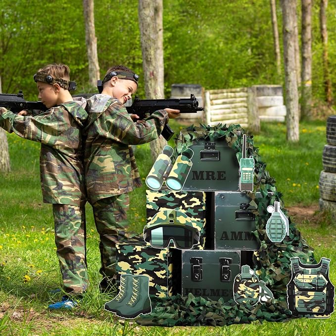 party greeting Camo Birthday Party Decorations Camo Party Boxes Decor Camouflage Netting Army Boxes Camouflage Photo Booth Props for Hunting Military Army Enthusiasts Boys Birthday Jungle Supplies