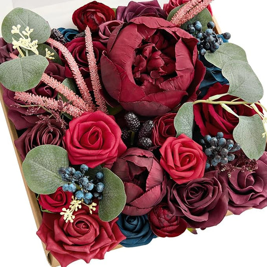 Ling's moment Burgundy Flowers Artificial, Navy Blue Fake and Red Flowers and Greenery Combo for DIY Wedding Bridal Bouquet, Centerpieces, Home Decor, Floral Arrangement Decor, etc.