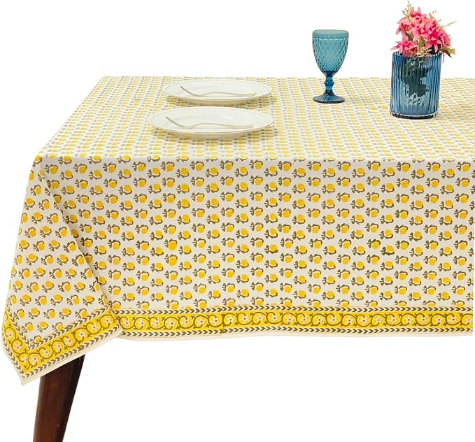 Ridhi Vintage Yellow Hand Block Print Cotton Rectangle Tablecloth 160" x 72" inches Reusable Table Cover Decorative Everyday Use for Dining Room, Farmhouse, Home Gift for Spring, Mother's Day