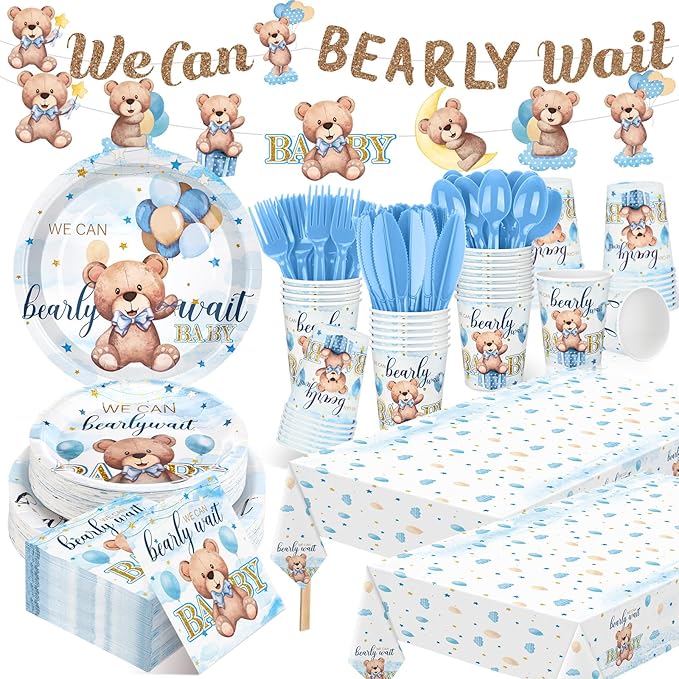 405 Pcs Blue Bear Baby Shower Decorations for Boy, We Can Bearly Wait Baby Shower Tableware Set Plates Napkins Cups Cutlery, Blue Bear Party Supplies with Tablecloth Banner, Serves 50 Guests