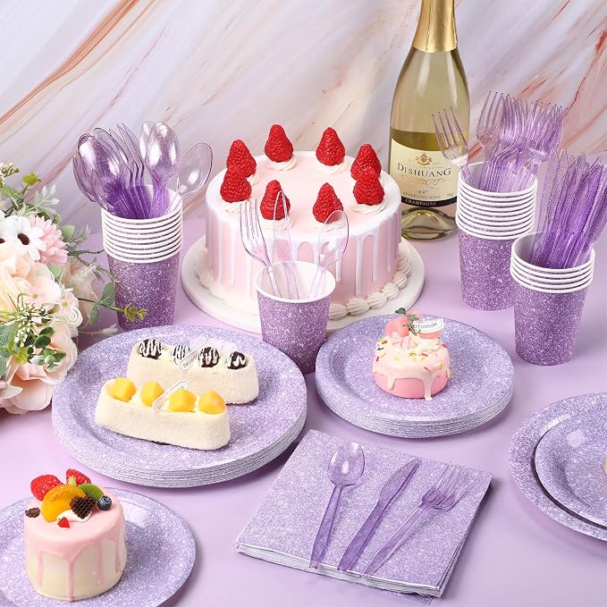 Hushee 350 Pcs 50 Guests Pastel Purple Paper Party Plates and Cups Napkins Sets Holographic Glitter Disposable Dinnerware Plastic Forks Knives Spoons Birthday Bachelorette Wedding Party Supplies