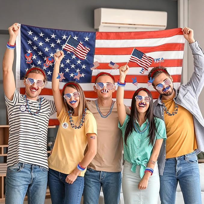 136PCS 4th of July Accessories - Patriotic Party Pavors Fourth of July Supplies USA Themed Decoration Memorial Independence Day American Flag Headband Shutter Glasses Tattoo Sticker Necklace
