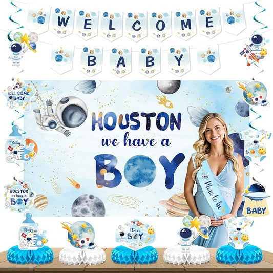 Outer Space Baby Shower Decorations for Boy Space Astronaut Welcome Baby Banner and Hanging Swirls Honeycomb Centerpiece Houston We Have A Boy Backdrop Mom To Be Sash for Party Supplies