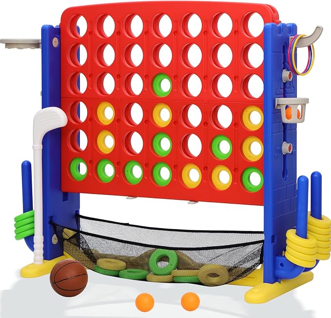 Giant 4-in-A Row Connect Game Set, Height Adjust Jumbo Yard Game for Kids & Adults w/Mesh Catching Bag, Basketball Hoop, Ring Toss & Mini Golf, Family Party 4-to-Score Indoor/Outdoor Games