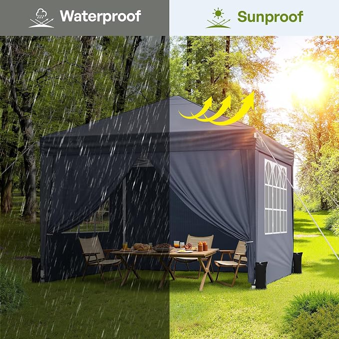 10x10 Pop Up Canopy with Sidewalls, Instant Portable Canopy Tent with Carry Bag for Commercial Events, Camping, Parties - Dark Grey